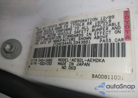 1990 Toyota Corolla Dlx z USA, uszkodzony, nr VIN JT2AE94A5L3343881